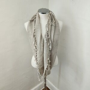Oatmeal Beige Waffle‎ Knit Infinity Scarf with Tassel Fringe Trim